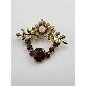 Vintage opal glass floral brooch pendant ruby red amethyst stones